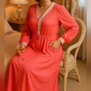 Vtg 60s/70s Lorraine Coral Pink Nylon Lace Maxi Nightgown S L/S Zip Neckline Poc